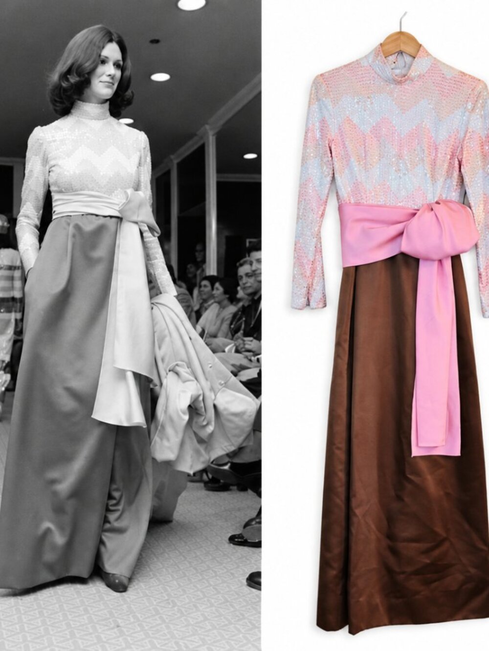 1972 Teal Traina New York Designer Sequin Evening Gown • Pink Satin Bow • Mod